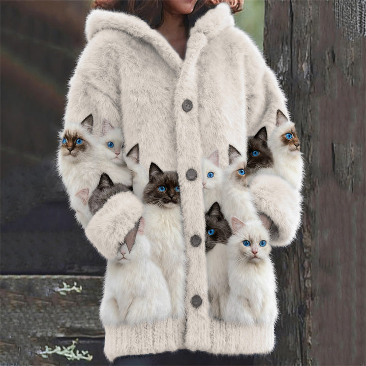 Minette™ | Women's Hooded Plush Cardigan with Cat Motif