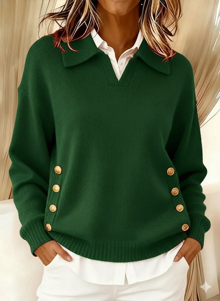 Vynette™ | Women's Collared V Neck Polo Sweater with Button Detail