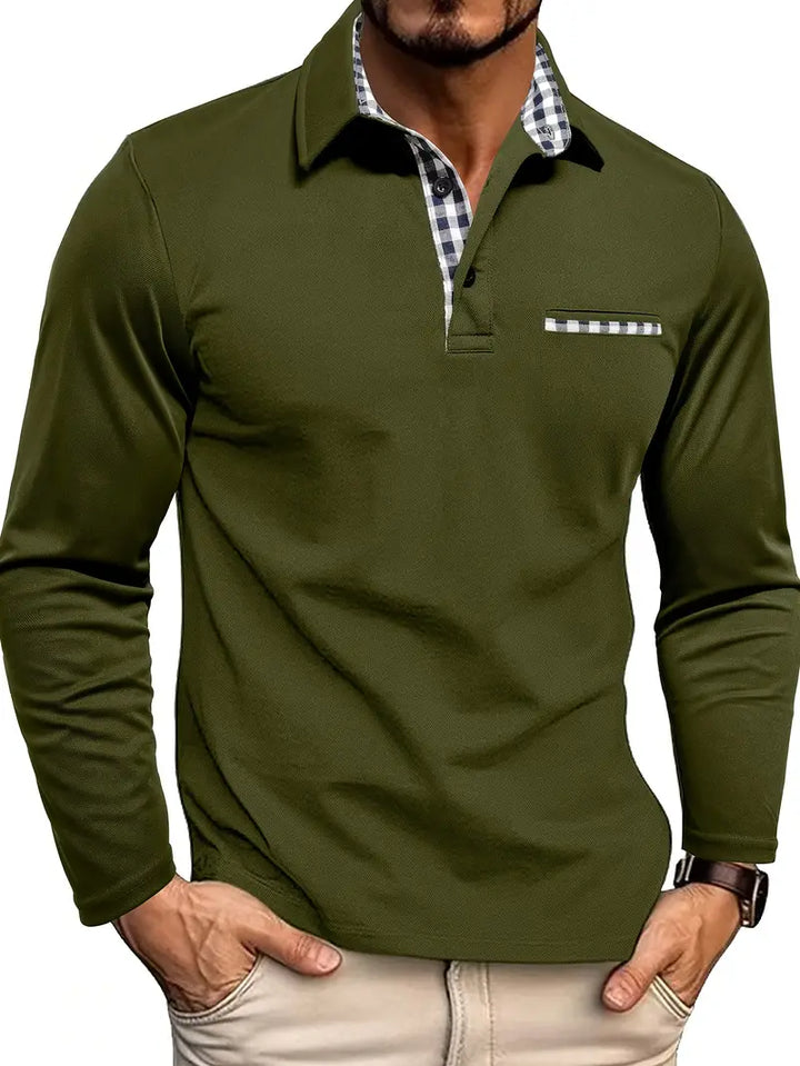 Anselme™ | Men's Long Sleeve Polo Shirt with Gingham Placket
