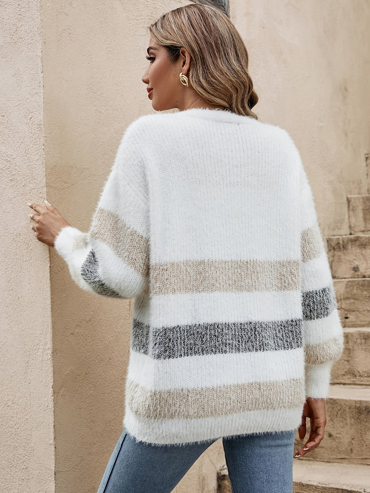 Kezia™ | Women's Striped Open Front Knit Cardigan with Drop Shoulders