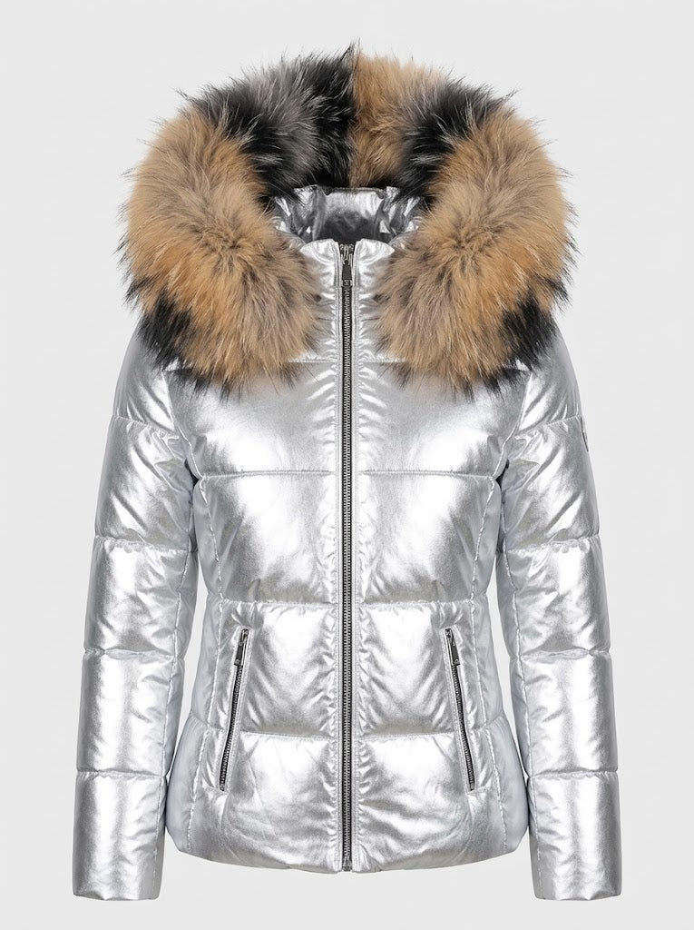 Cosima™ | Women's Metallic Puffer Jacket with Faux Fur Trim Hood
