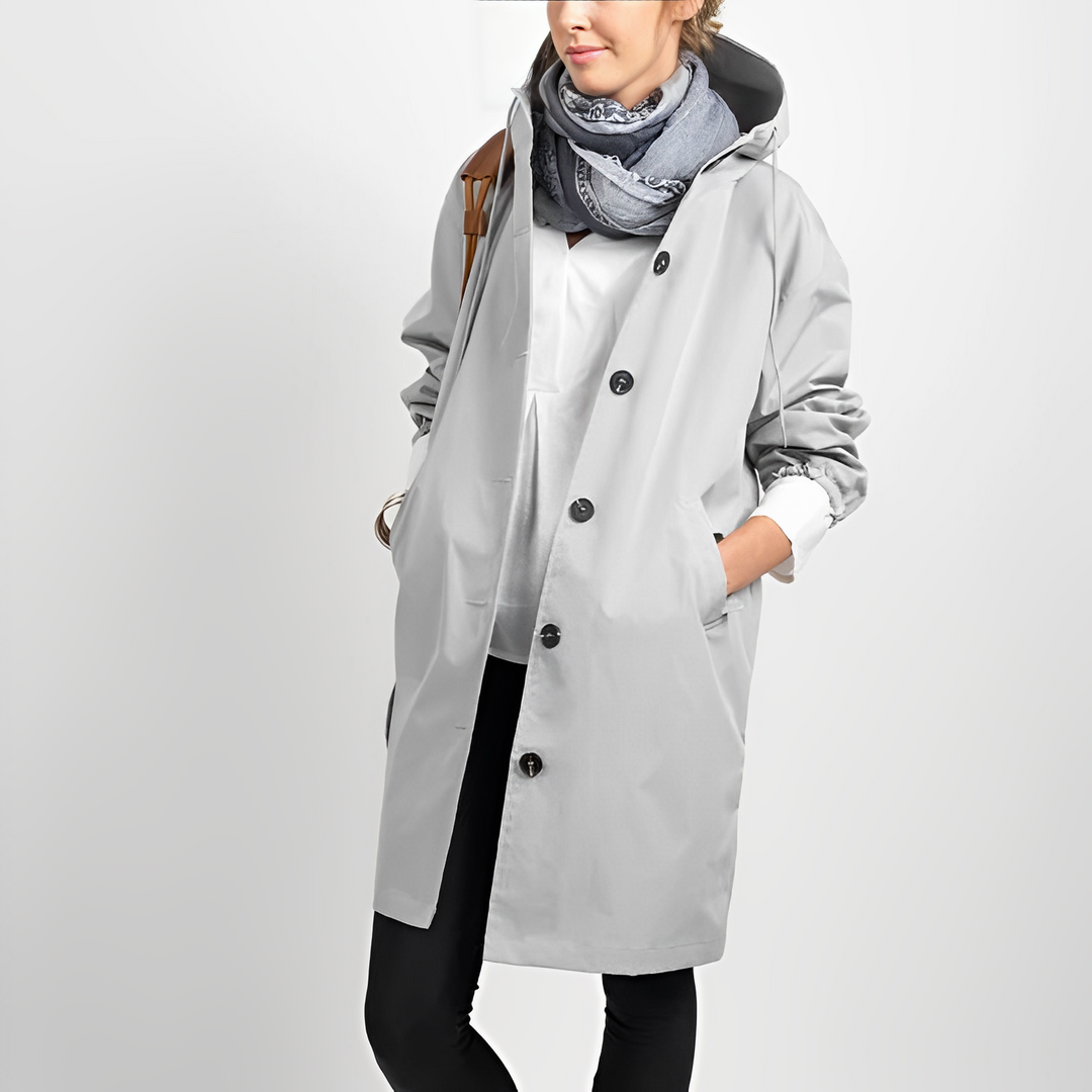 Lowri™ | Women's Hooded Longline Rain Coat with Button Front