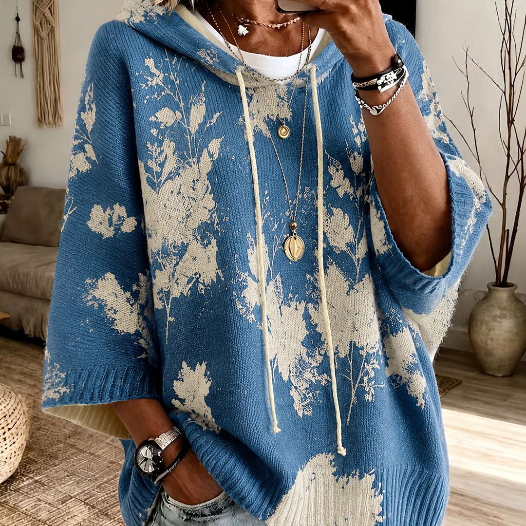 Roswitha™ | Women's Hooded Floral Cape Sweater with Drawstring