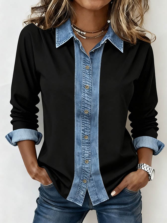 Salomee™ | Women's Black Button-Up Shirt with Contrast Collar and Cuffs