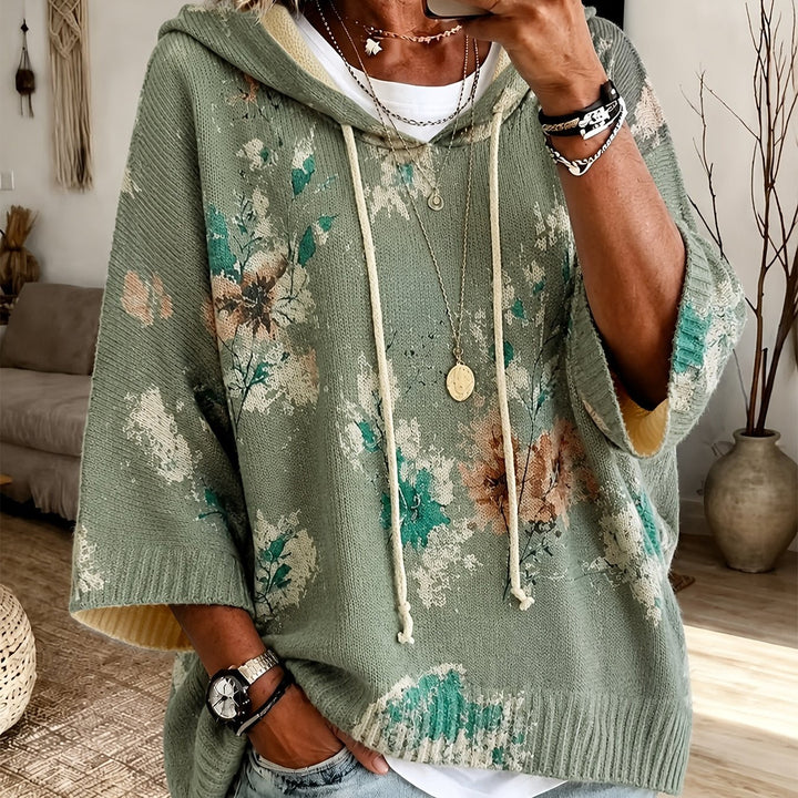Roswitha™ | Women's Hooded Floral Cape Sweater with Drawstring