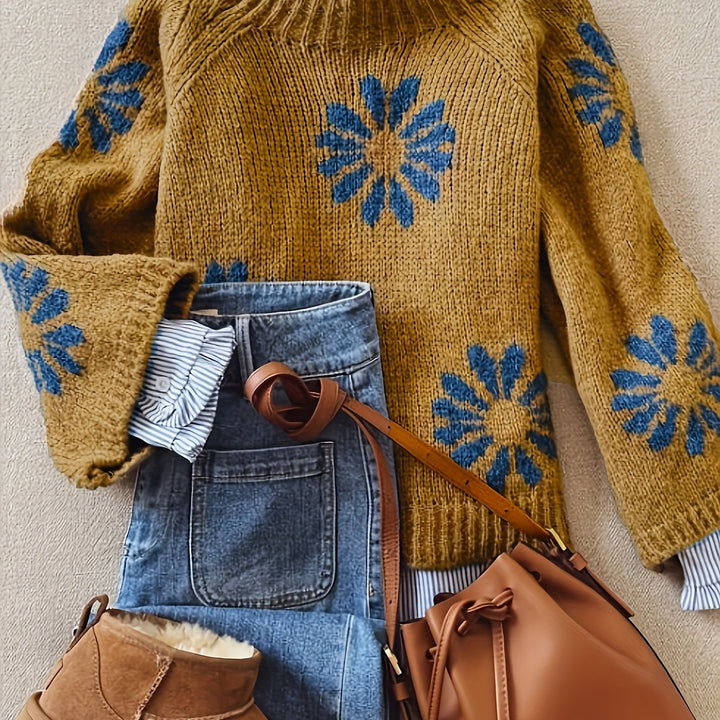 Quenby™ | Women's Floral Knit High Neck Sweater