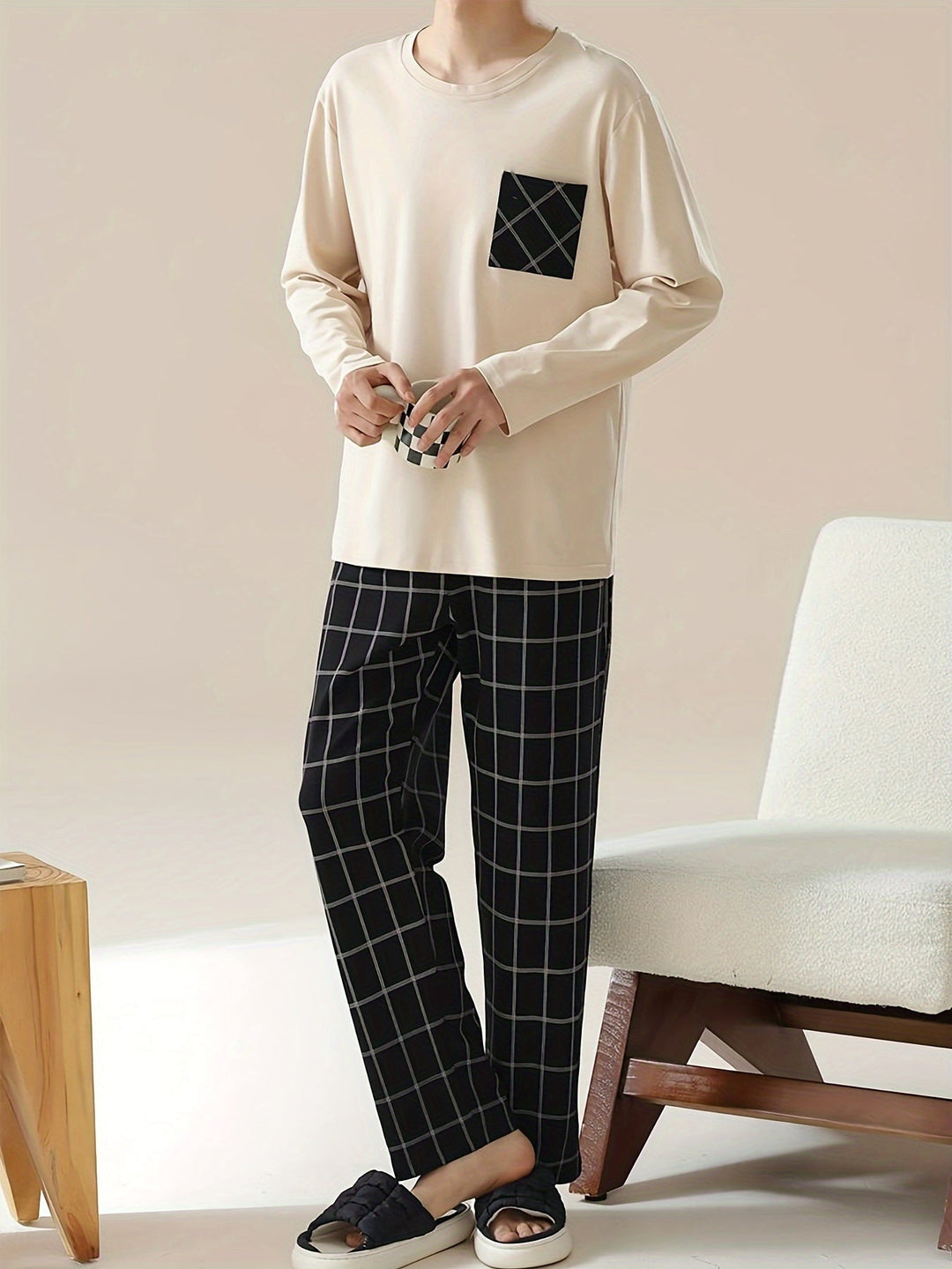 Piers™ | Men's Lounge Set with Long Sleeve Top and Checked Trousers