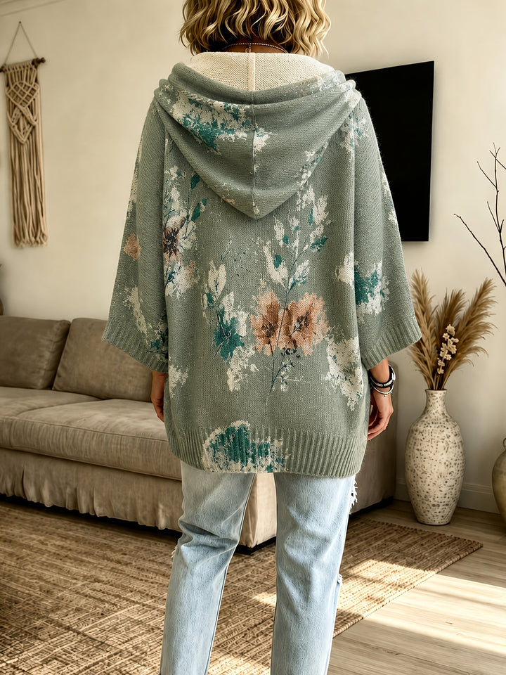Roswitha™ | Women's Hooded Floral Cape Sweater with Drawstring