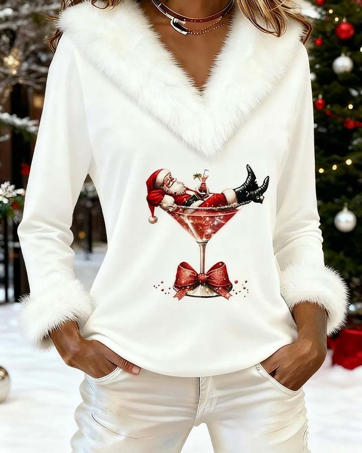 Victorine™ | Women's V-Neck Holiday Top with Plush Collar and Cuffs