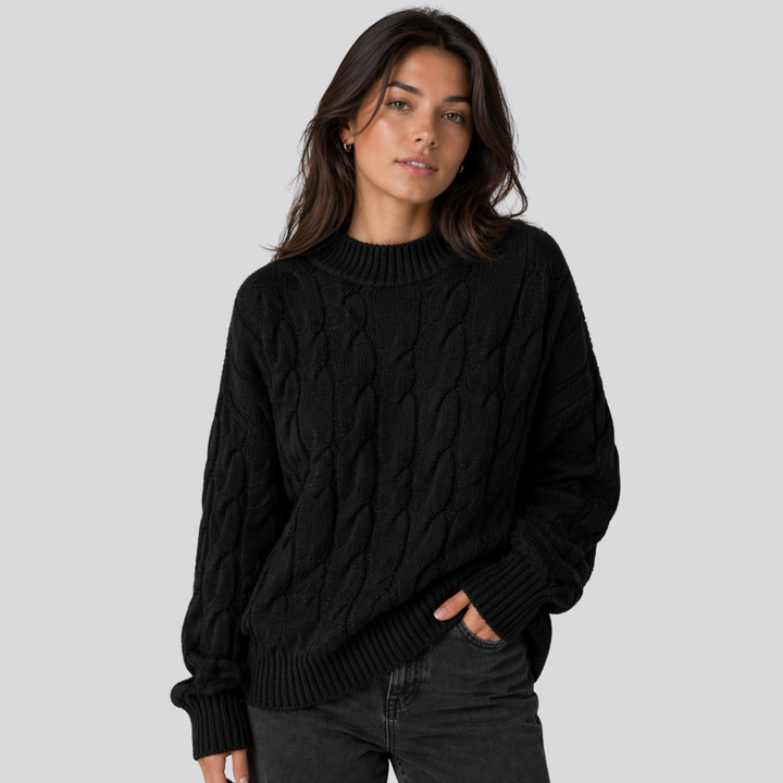 Lucasta™ | Merino Wool Cable Knit Sweater with Ribbed Cuffs and Hem