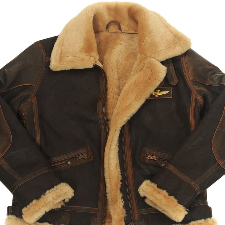 Leather Aviator Jacket with Shearling Collar in Dark Brown