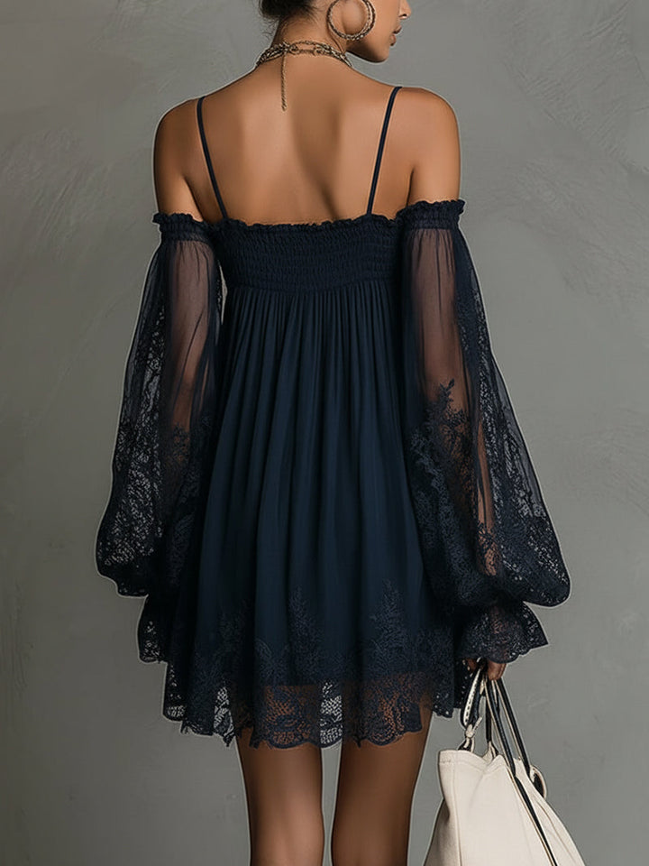 Noemi • Navy blue chiffon mini dress with off-the-shoulder neckline, lace trim, and sheer sleeves