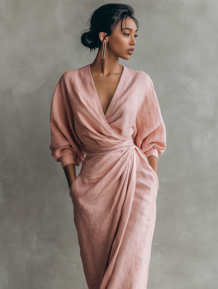 Pink Minimalist Maxi Dress with V-Neck in Linen Blend for Women