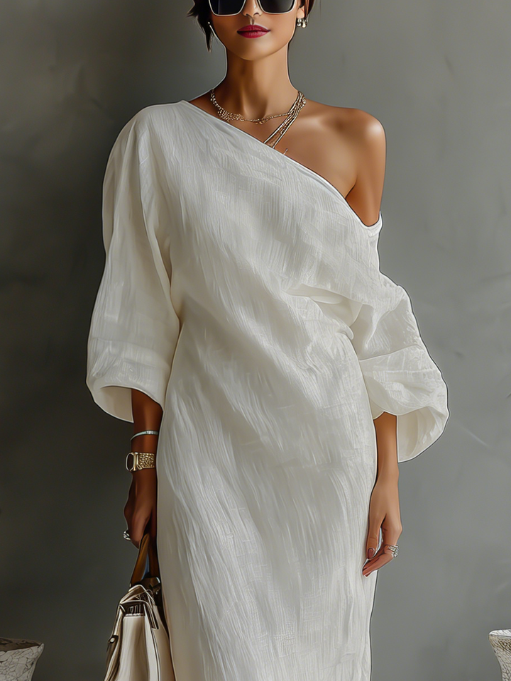 Elegant Flowing Dress in Ivory White Cotton-Linen with Off-Shoulder
