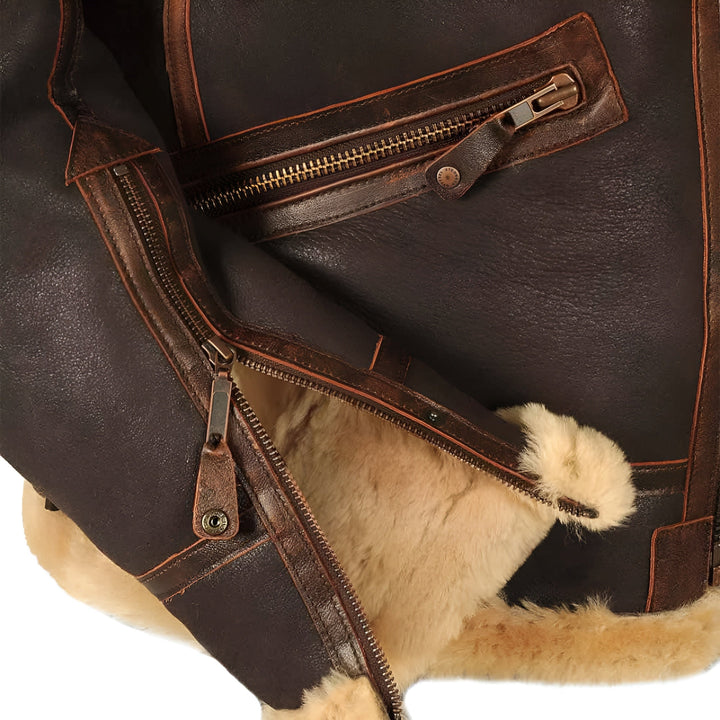 Leather Aviator Jacket with Shearling Collar in Dark Brown