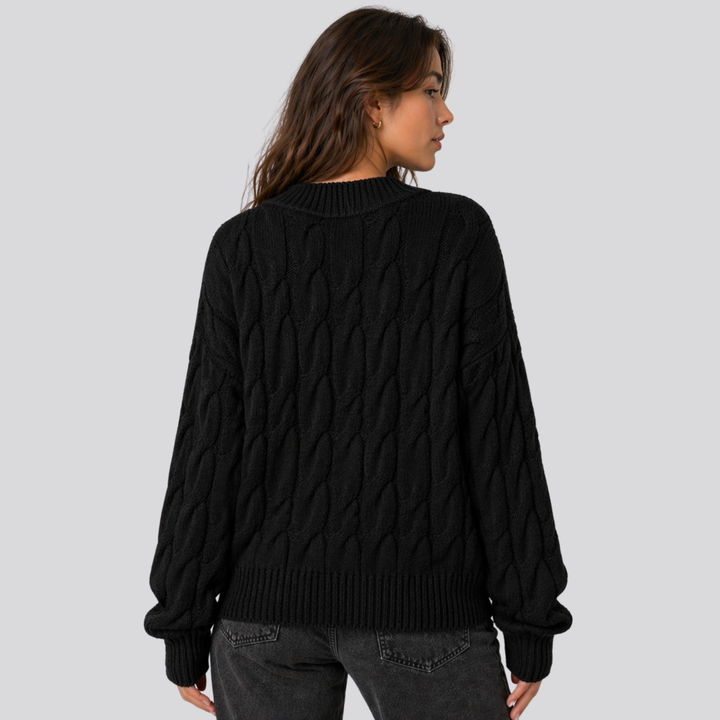 Lucasta™ | Merino Wool Cable Knit Sweater with Ribbed Cuffs and Hem