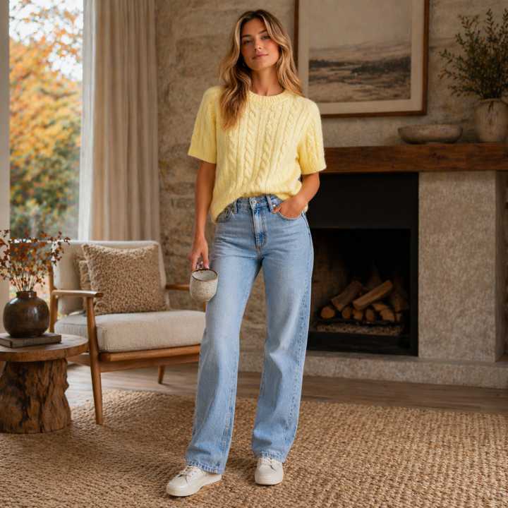 Marisol™ | Merino Wool Short Sleeve Cable Knit Top