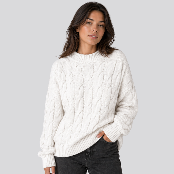 Lucasta™ | Merino Wool Cable Knit Sweater with Ribbed Cuffs and Hem