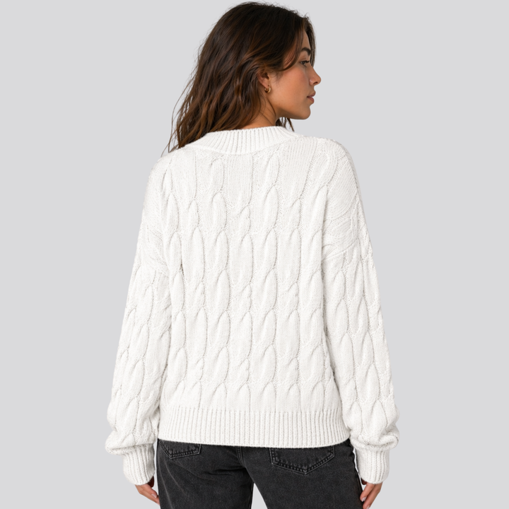 Lucasta™ | Merino Wool Cable Knit Sweater with Ribbed Cuffs and Hem