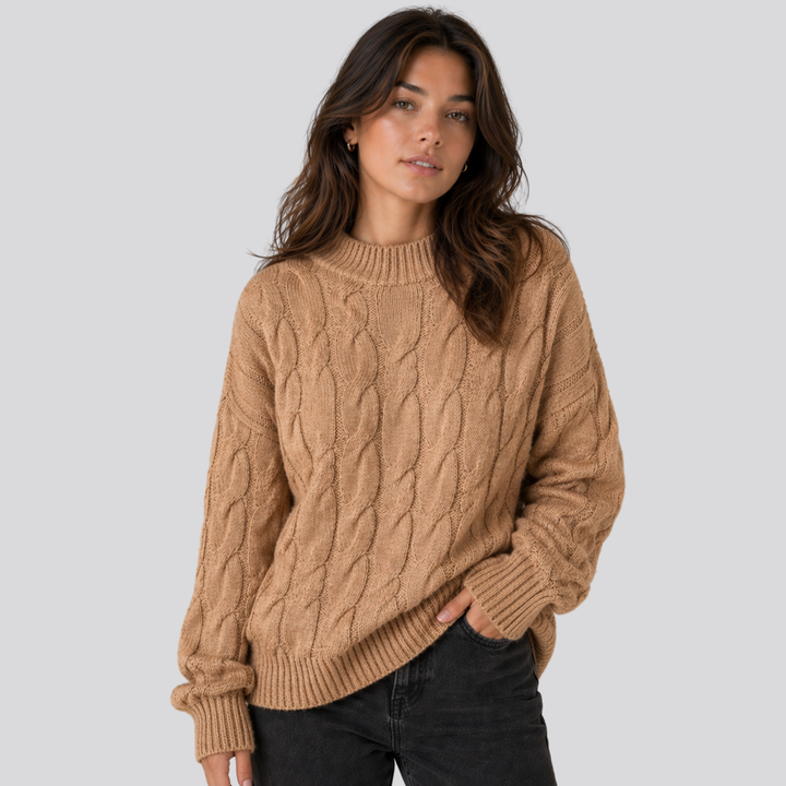 Lucasta™ | Merino Wool Cable Knit Sweater with Ribbed Cuffs and Hem