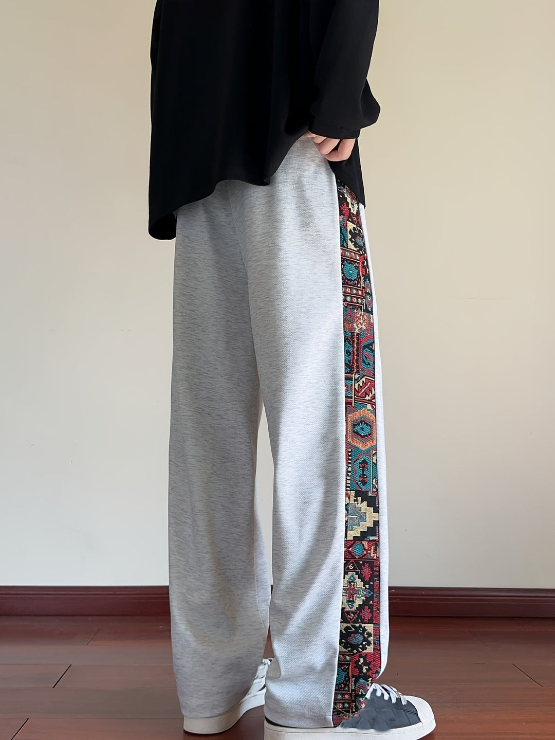 Rafael™ | Men's Wide Leg Drawstring Trousers with Patterned Side Panel
