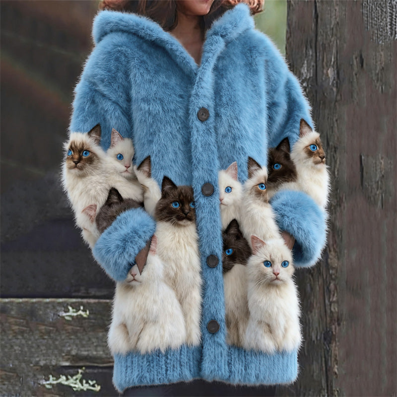Minette™ | Women's Hooded Plush Cardigan with Cat Motif