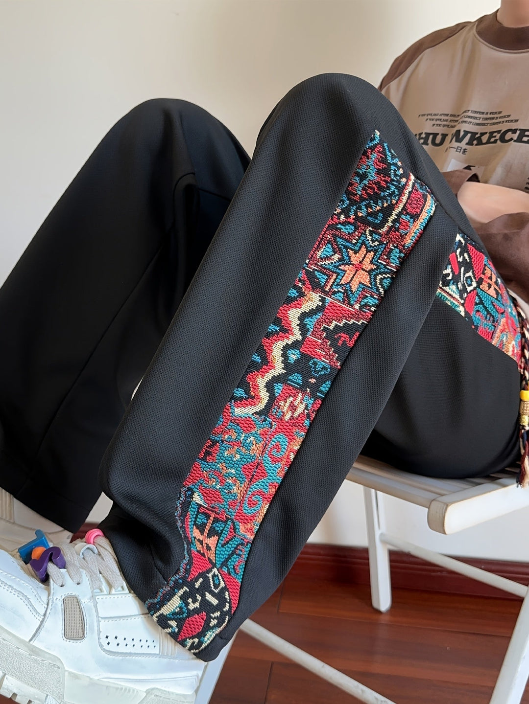 Rafael™ | Men's Wide Leg Drawstring Trousers with Patterned Side Panel