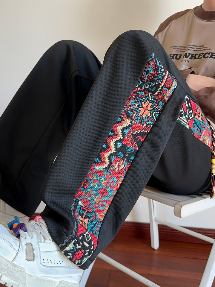 Rafael™ | Men's Wide Leg Drawstring Trousers with Patterned Side Panel