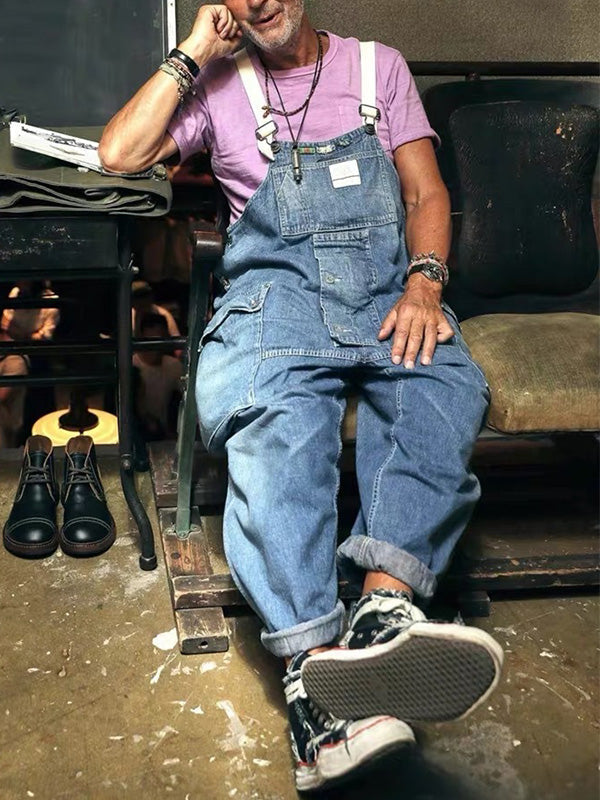 Distressed Denim Overall with Multiple Pockets