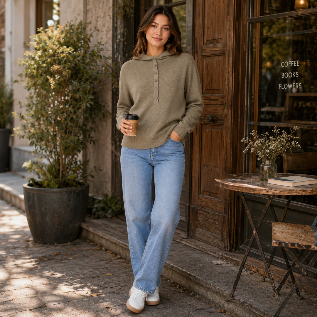 Séverine™ | Cashmere Blend Hooded Knit Sweater with Button Neckline