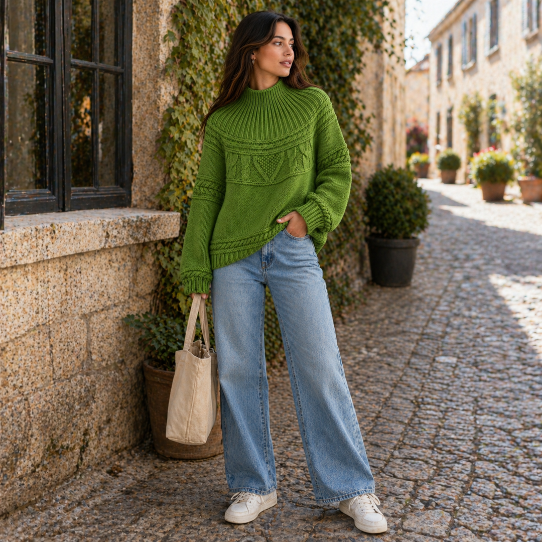 Lorelle™ | Merino Wool Cable Knit Sweater with Round Neck