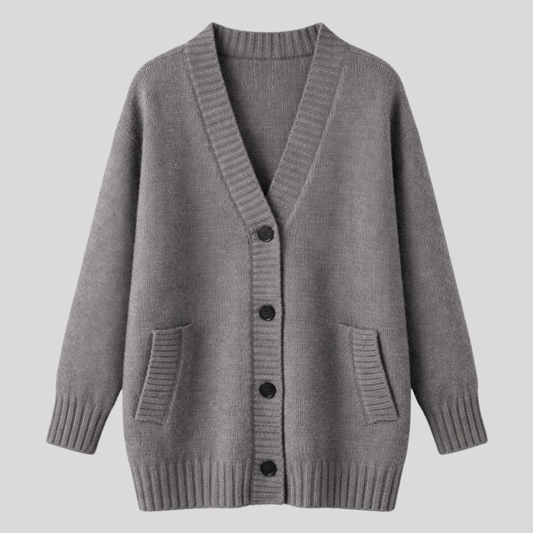Isaura™ | Oversized V-Neck Knit Cardigan with Button Front, Grey