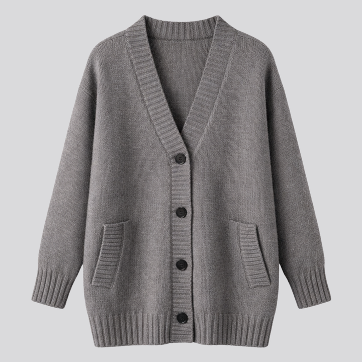Isaura™ | Oversized V-Neck Knit Cardigan with Button Front, Grey