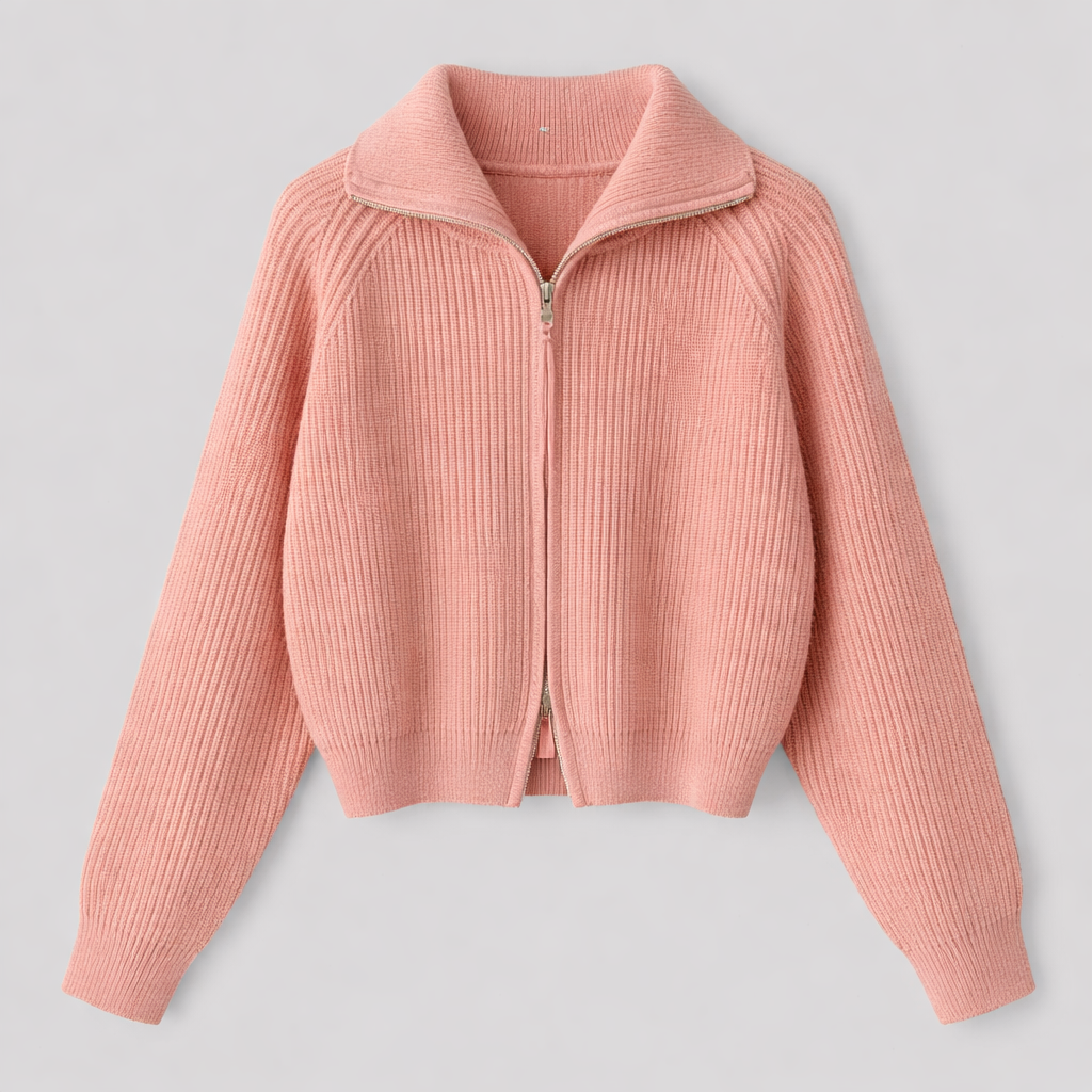 Clemence™ | Ribbed Merino Wool Zip Cardigan with Stand Collar
