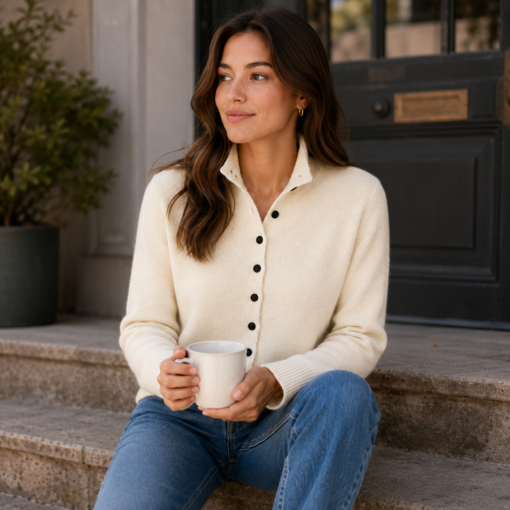 Solene™ | Cashmere Blend Button-Front Cardigan with Structured Collar