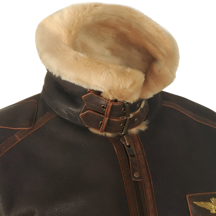 Leather Aviator Jacket with Shearling Collar in Dark Brown