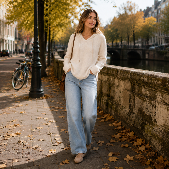 Sylvaine™ | Cashmere Blend Hooded Knit Sweater with Drawstring and V-Neck