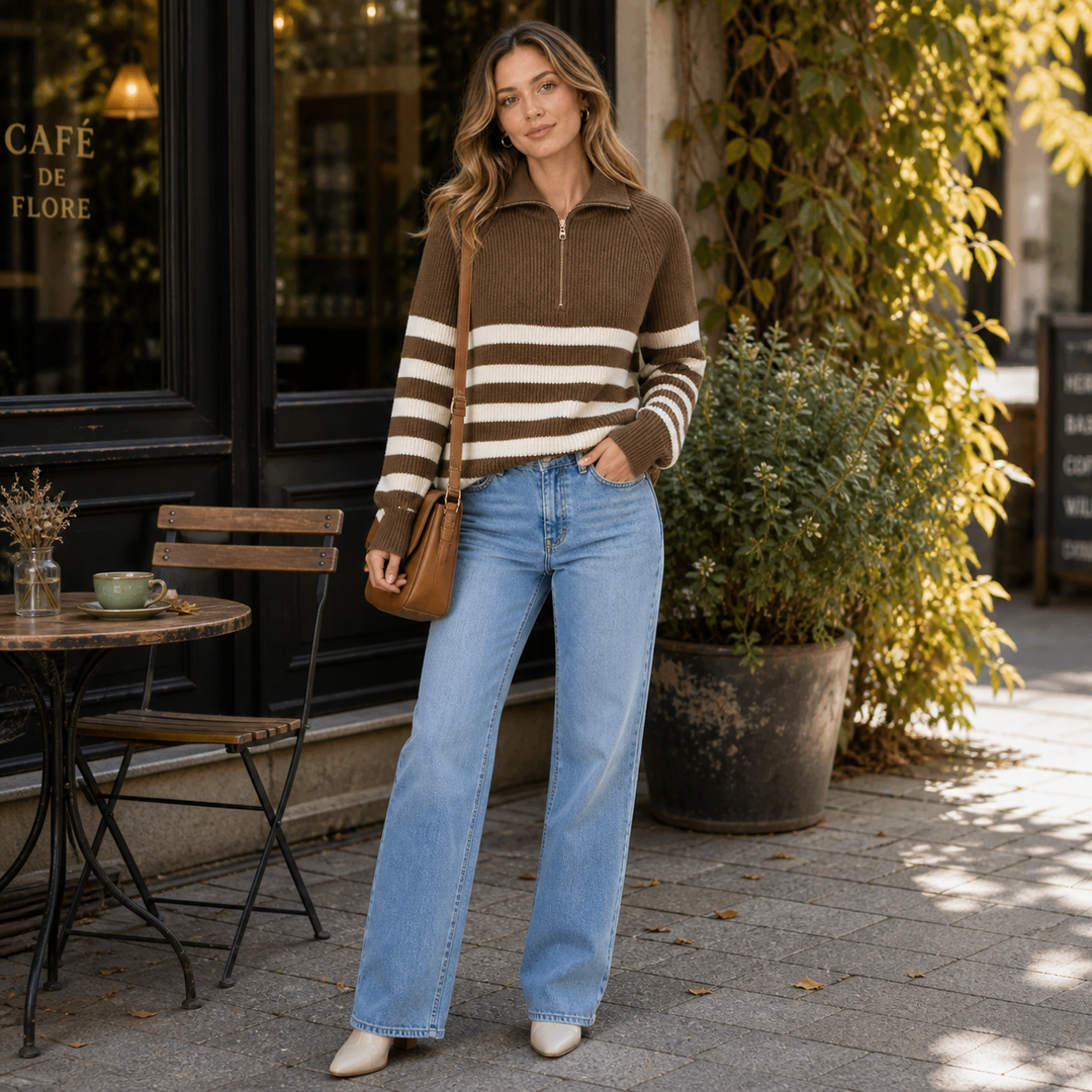 Bellamy™ | Cashmere Blend Half-Zip Sweater with Contrast Stripes