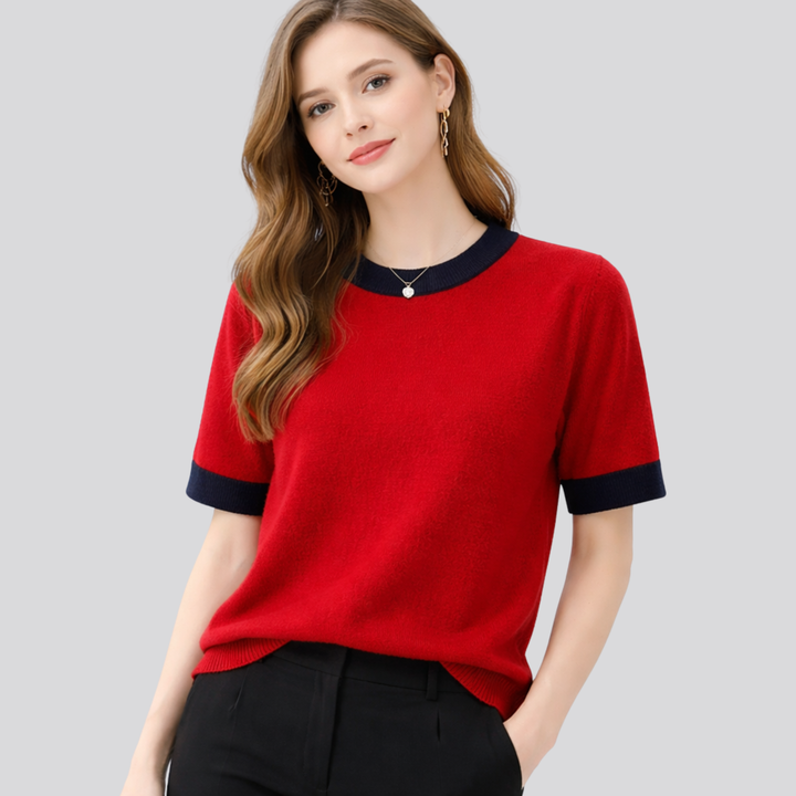 Halcyone™ | Short Sleeve Knit Top with Ribbed Trims