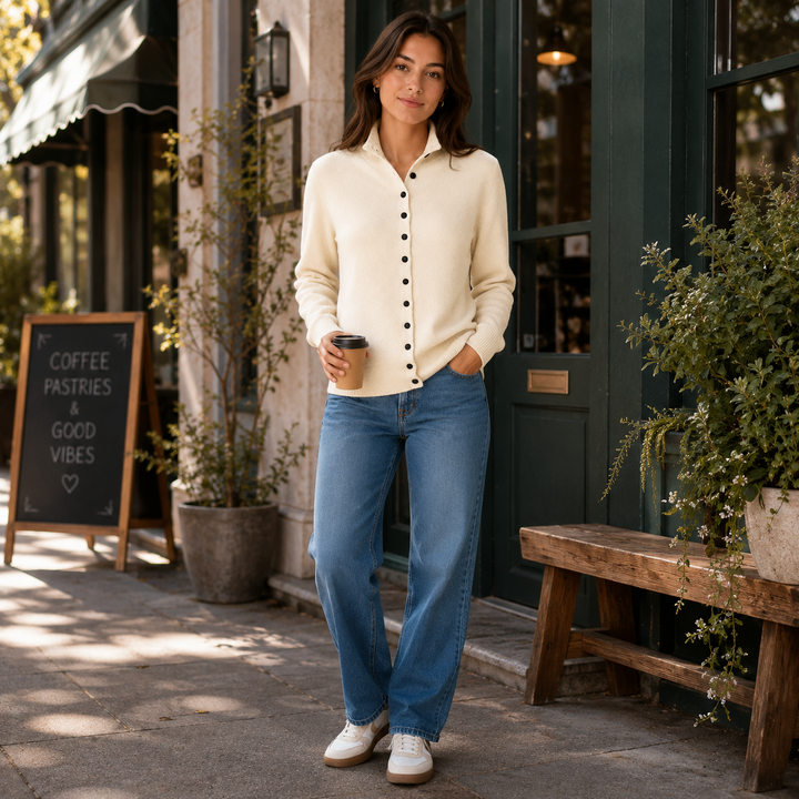 Solene™ | Cashmere Blend Button-Front Cardigan with Structured Collar