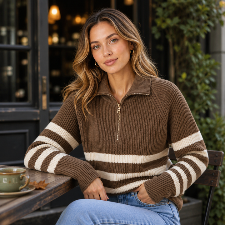 Bellamy™ | Cashmere Blend Half-Zip Sweater with Contrast Stripes
