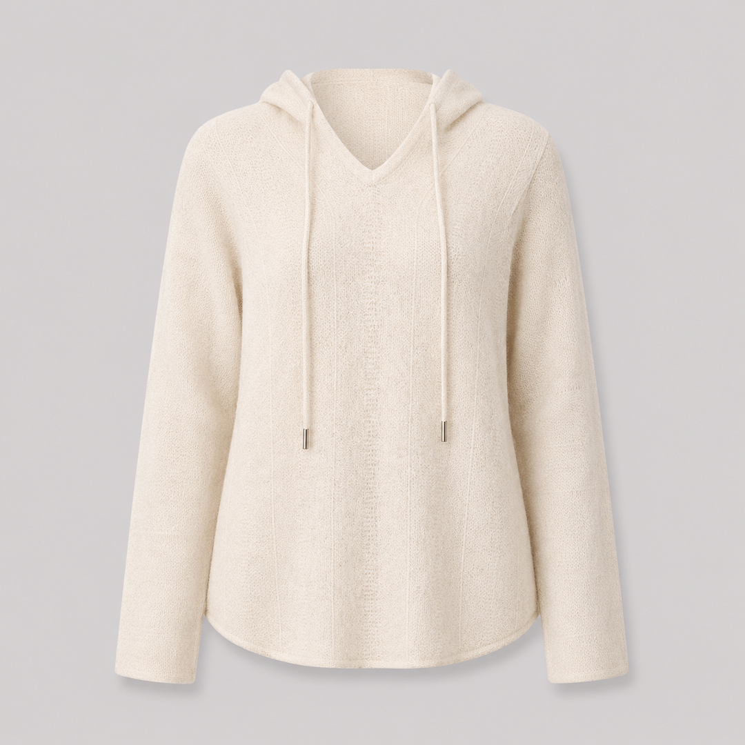Sylvaine™ | Cashmere Blend Hooded Knit Sweater with Drawstring and V-Neck