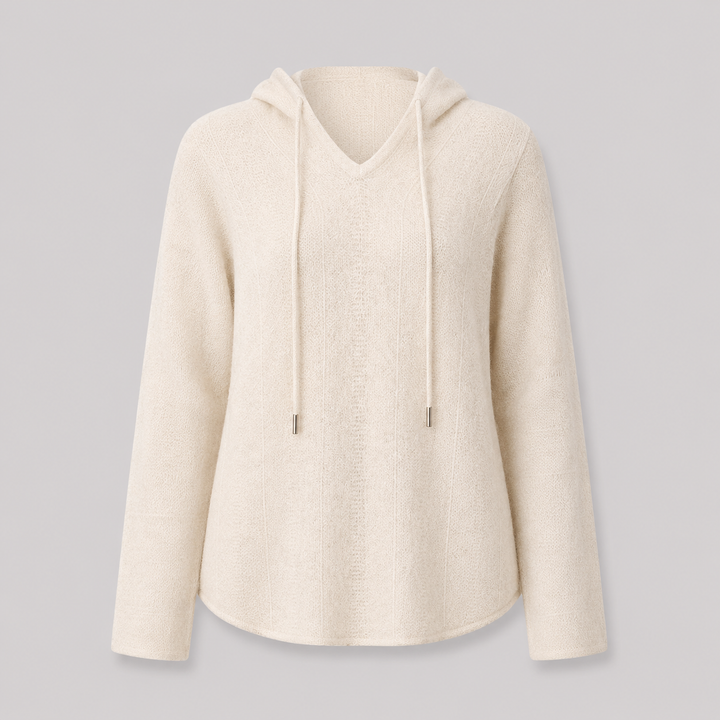 Sylvaine™ | Cashmere Blend Hooded Knit Sweater with Drawstring and V-Neck