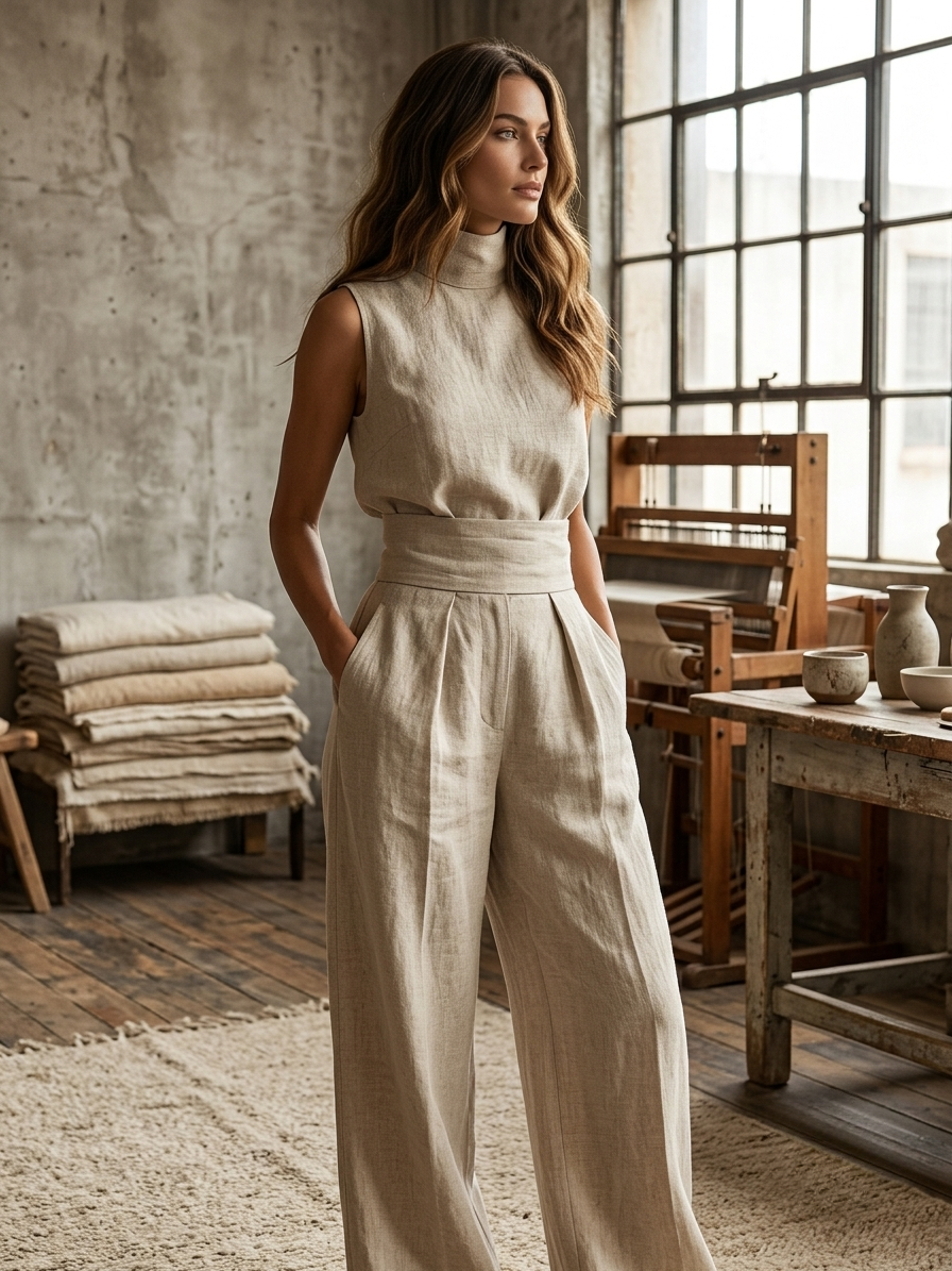 Aurora • Two-piece set consisting of a sleeveless beige top in a cotton-linen blend and wide-leg pants