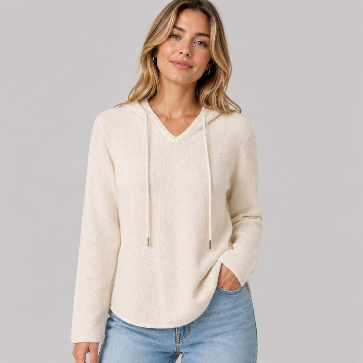 Sylvaine™ | Cashmere Blend Hooded Knit Sweater with Drawstring and V-Neck