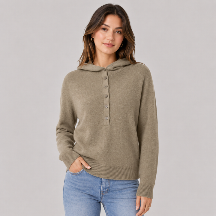 Séverine™ | Cashmere Blend Hooded Knit Sweater with Button Neckline