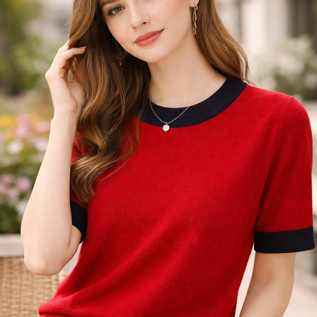 Halcyone™ | Short Sleeve Knit Top with Ribbed Trims