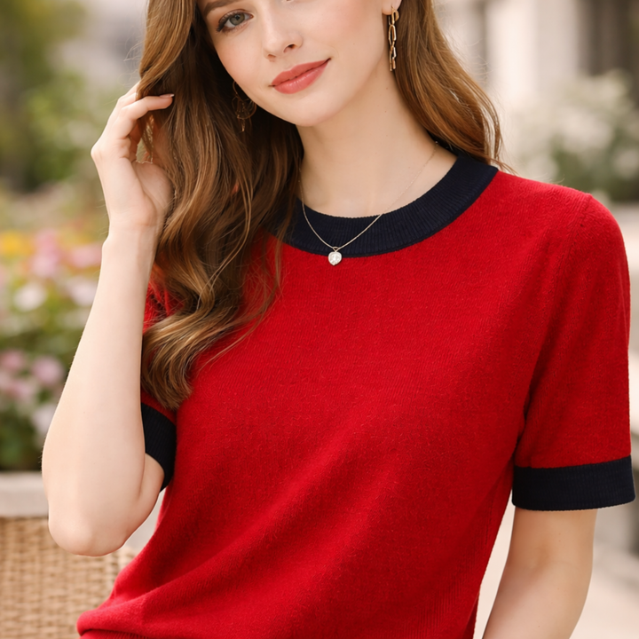 Halcyone™ | Short Sleeve Knit Top with Ribbed Trims