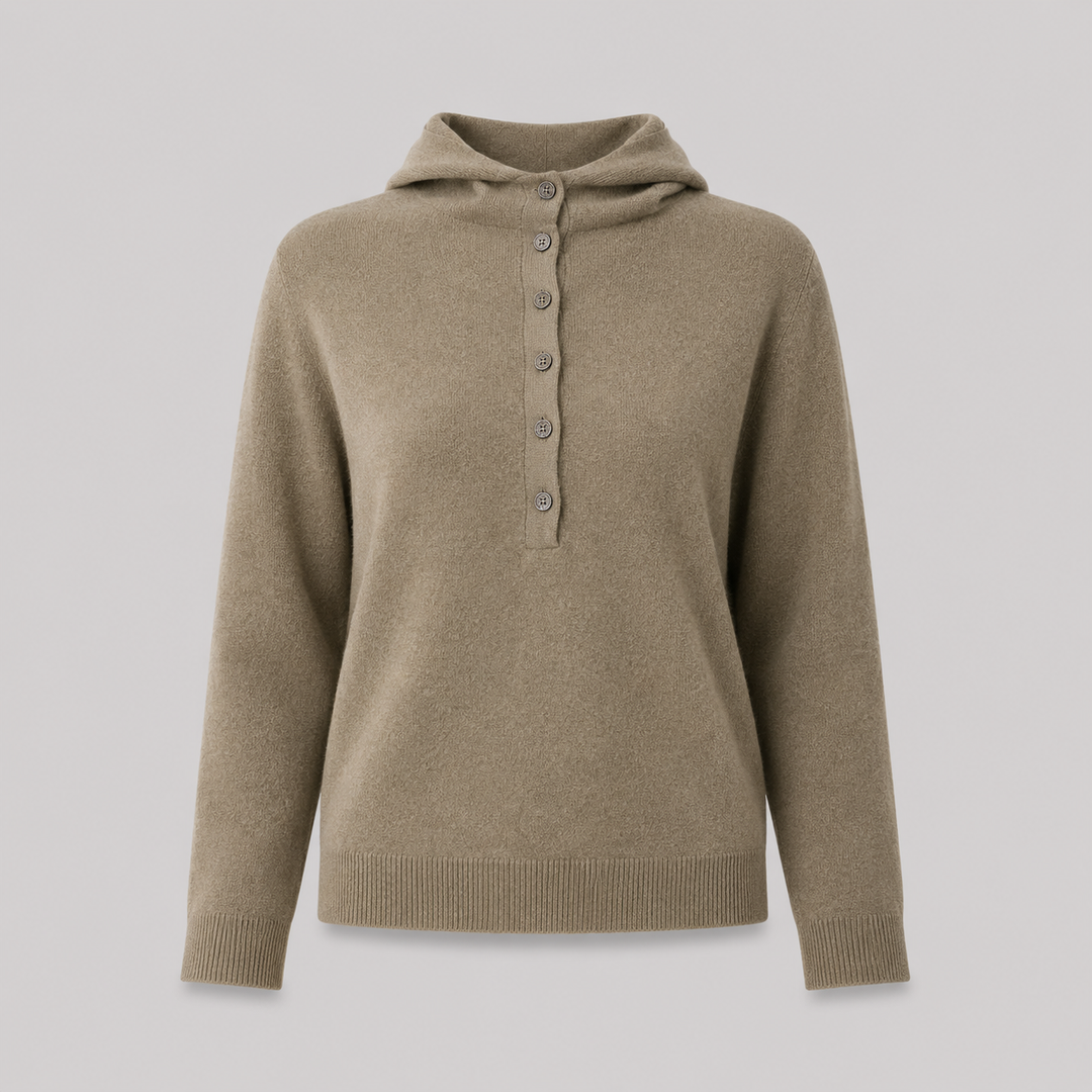 Séverine™ | Cashmere Blend Hooded Knit Sweater with Button Neckline