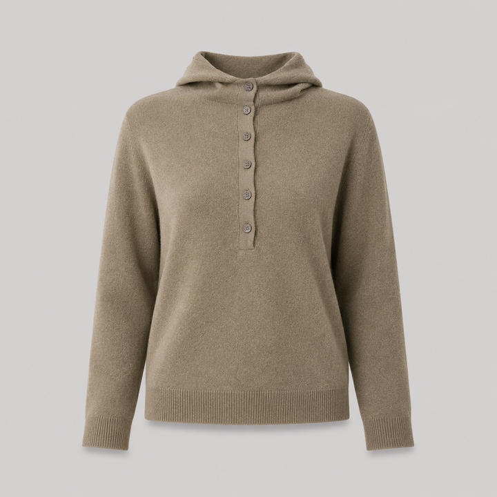 Séverine™ | Cashmere Blend Hooded Knit Sweater with Button Neckline